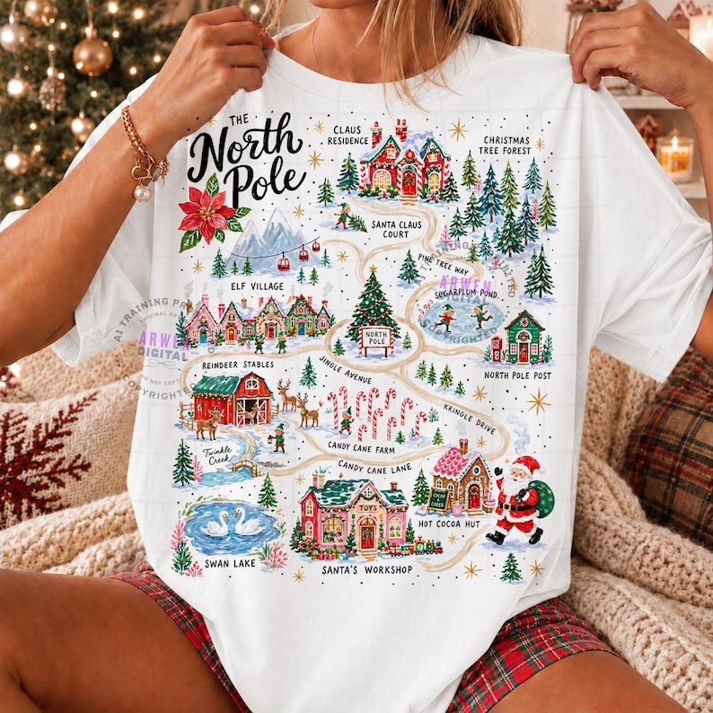 May include: A white t-shirt featuring a colorful map of the North Pole. The graphic includes illustrations of Santa's workshop, reindeer stables, an elf village, and candy cane lanes, with text labels for each location and a central North Pole sign.