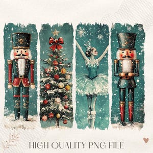 May include: Three digital illustrations featuring a Christmas tree, a ballerina, and a nutcracker. The illustrations are set against a blue background with a snowy effect.