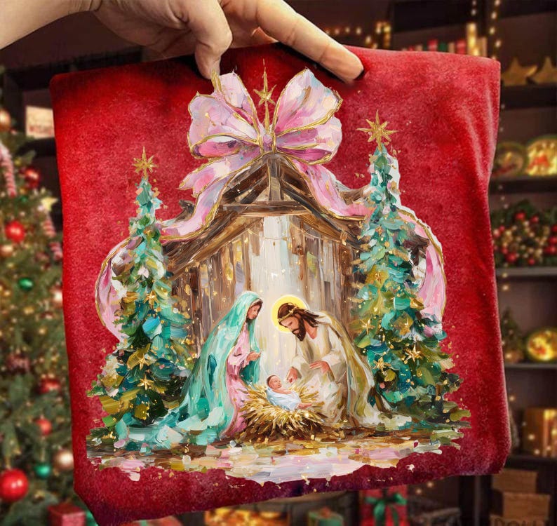 May include: Red Christmas stocking with a Nativity scene illustration. The artwork depicts Mary, Joseph, and baby Jesus in a manger, framed by Christmas trees. A large pink bow adorns the top of the stocking.