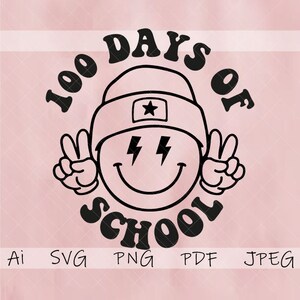 May include: Black and white illustration of a smiling face wearing a beanie with a star on it and peace signs. The text "100 Days of School" surrounds the face.