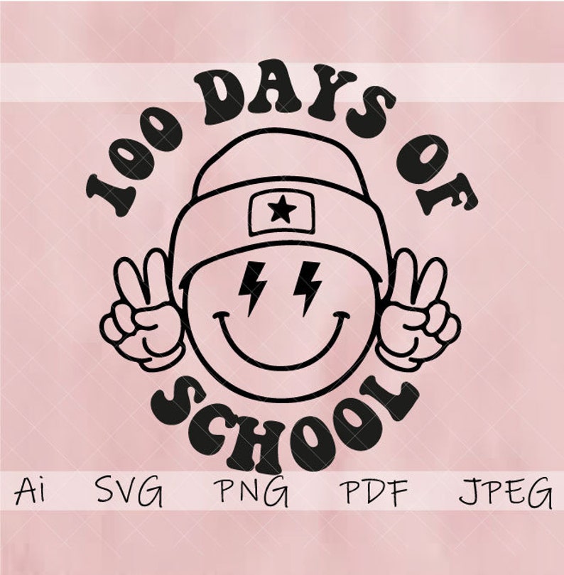 May include: Black and white illustration of a smiling face wearing a beanie with a star on it and peace signs. The text "100 Days of School" surrounds the face.