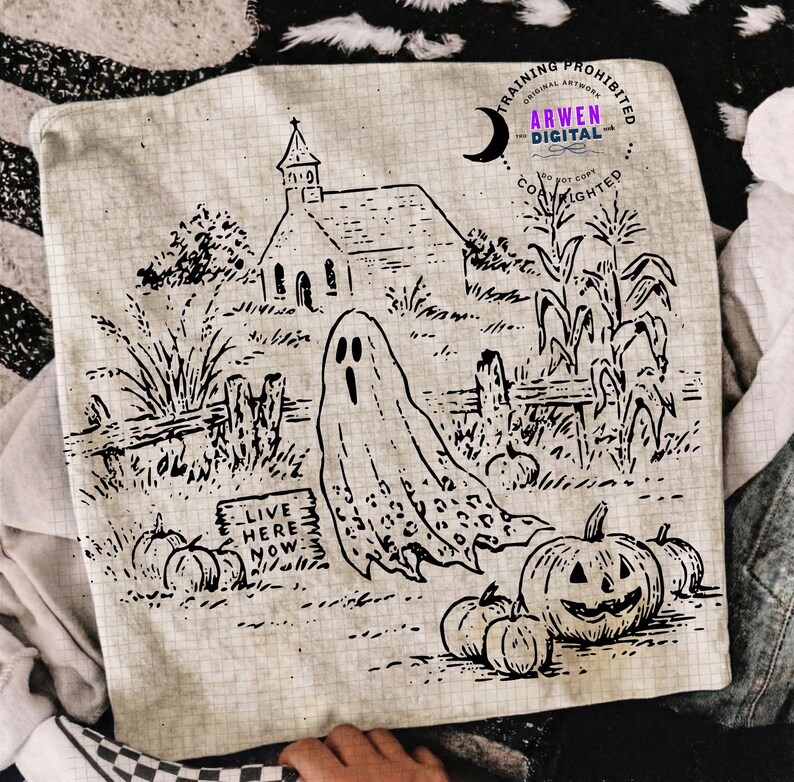 May include: A square beige pillow cover featuring a black line art illustration of a ghost, a church, corn stalks, and pumpkins. A sign in the foreground reads LIVE HERE NOW. The fabric has a subtle grid pattern and a circular watermark logo.