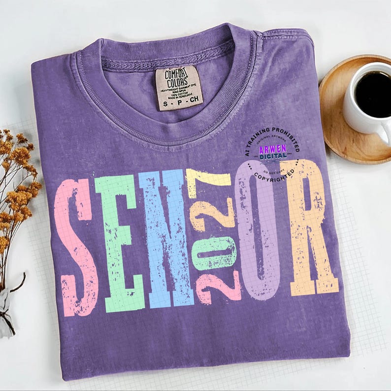 Puede incluir: Una camiseta morada de manga corta con un estampado gr&aacute;fico desgastado que dice SENIOR 2027 en letras de bloque de colores pastel rosa, verde, azul, amarillo y lavanda. La camiseta tiene una etiqueta de la marca Comfort Colors en el cuello.