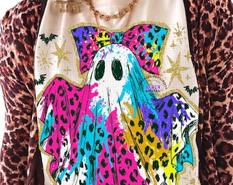 Preppy Colorful Ghost PNG, Preppy Coquette Leopard PNG, Trendy Fall Sublimation Design, Girly Halloween, Neon Glitter Ghost PNG: Halloween