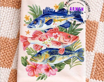 Brushstroke Big Bass Fish Png, Preppy Floral Beach Png, Coastal Summer Png,Nautical Sublimation, Boho Design