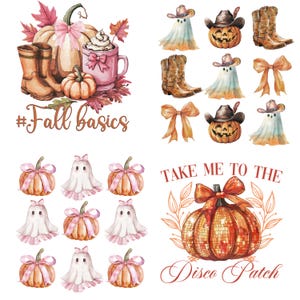 May include: Watercolor illustrations of fall-themed items. Includes pumpkins, cowboy boots, ghosts, bows, and a disco ball pumpkin. Text includes "#Fall basics" and "Take me to the Disco Patch".