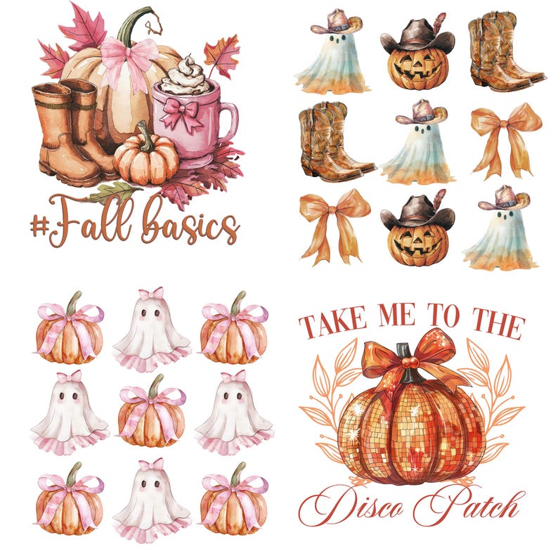 May include: Watercolor illustrations of fall-themed items. Includes pumpkins, cowboy boots, ghosts, bows, and a disco ball pumpkin. Text includes "#Fall basics" and "Take me to the Disco Patch".