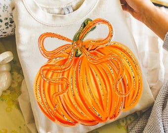 Glitter Bow Pumpkin Clipart PNG, Handdrawn Brushstroke Fall Pumpkin, Coquette Autumn Pumpkin Sublimation, Cute Fall Season Trendy Fall