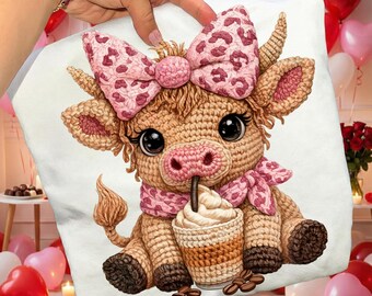 Faux Garn Grobstrick häkeln Valentine Highland Kuh PNG, Grobstrick Coquette Kaffee Preppy Valentines Highland Kuh T-Shirt Grafik