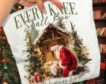 Preppy Painted Every Knee Shall Bow Png, Nativity Scene png, Religious Christmas Shirt png, Vintage Christmas png Santa Christmas, Jesus png