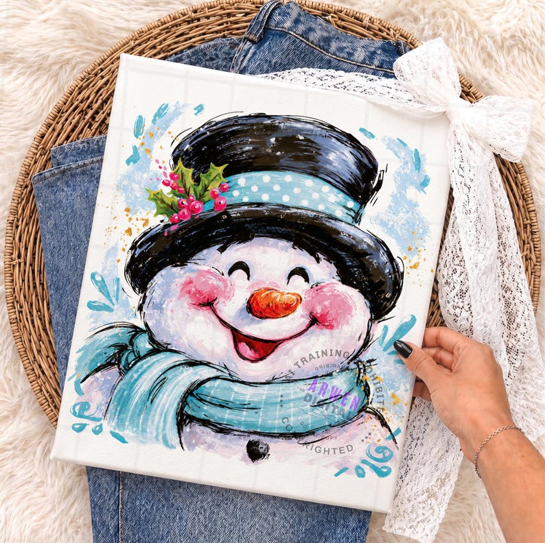 May include: A square canvas print featuring a cheerful snowman illustration with a black top hat, a light blue scarf, and pink cheeks. The snowman is accented with holly berries and blue paint splatters. The artwork has a white grid background.
