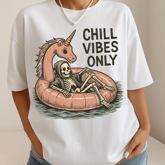 Chill Vibes Only PNG, Halloween Summer Skeleton Clipart, Grim Reaper Pool Float Design, Spooky Beach Sublimation PNG