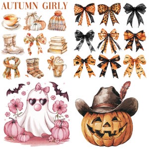 May include: Watercolor illustrations of autumn and Halloween-themed items. Includes bows, a ghost with heart-shaped sunglasses, pumpkins, a cowboy hat on a jack-o'-lantern, a cup of tea, a scarf, boots, and a beanie. The text "AUTUMN GIRLY" is at the top.