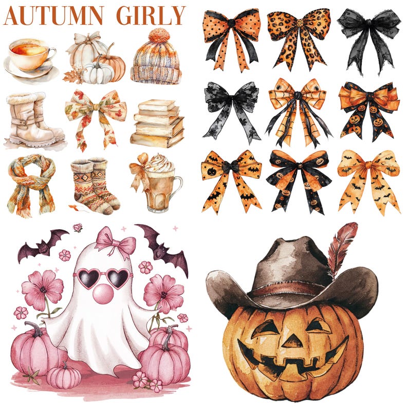 May include: Watercolor illustrations of autumn and Halloween-themed items. Includes bows, a ghost with heart-shaped sunglasses, pumpkins, a cowboy hat on a jack-o'-lantern, a cup of tea, a scarf, boots, and a beanie. The text "AUTUMN GIRLY" is at the top.