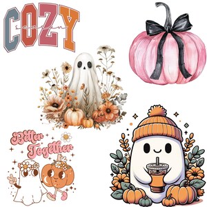 May include: A collection of fall-themed illustrations featuring pumpkins, ghosts, and floral arrangements. The text "COZY seasons" is displayed in a retro font. Other illustrations include a pink pumpkin with a black bow and a ghost with a coffee.