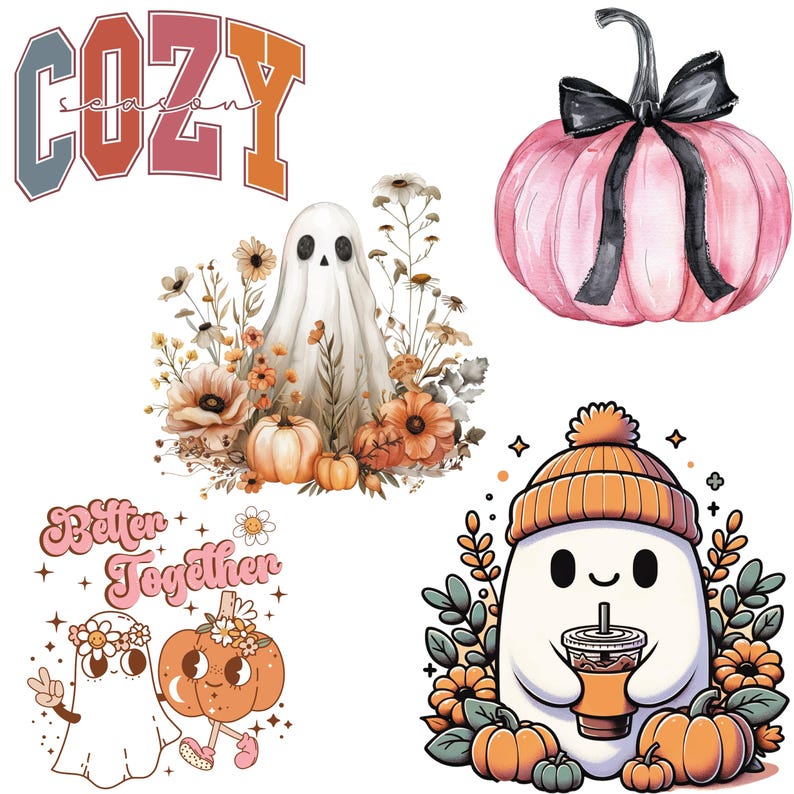 May include: A collection of fall-themed illustrations featuring pumpkins, ghosts, and floral arrangements. The text "COZY seasons" is displayed in a retro font. Other illustrations include a pink pumpkin with a black bow and a ghost with a coffee.