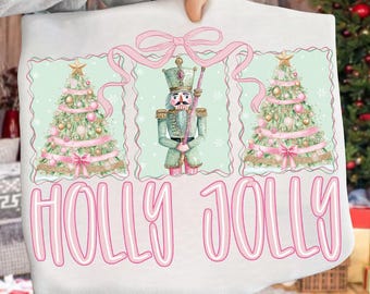 Holly Jolly Sage/Pink Preppy Christmas Nutcracker PNG • Coquette Bow Holiday Design • Cute Girly Xmas Pastel Watercolor Design for Shirts