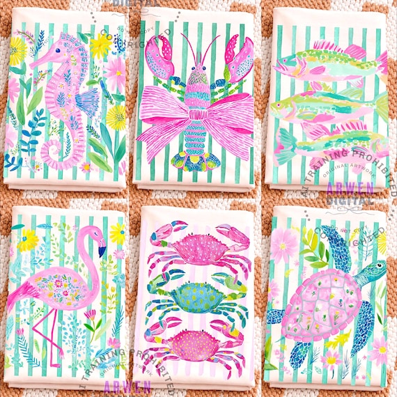 Coastal Summer PNG Bundle: Summer Vibes Png, Beach Life Png, Sardines Lobster Crab Seahorse Sea Turtle Flamingo Designs
