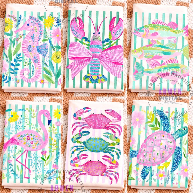 May include: Set of six decorative towels with watercolor illustrations of marine life. Designs include a seahorse, lobster, fish, flamingo, crabs, and a sea turtle. Each towel features a striped background with floral accents, in shades of pink, green, and blue.