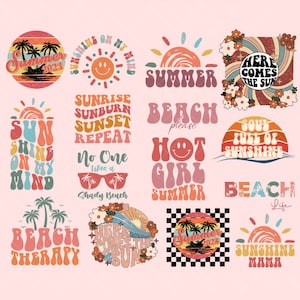 May include: A collection of 12 retro-style summer themed graphic designs. The designs feature bright colors, playful fonts, and summer-related imagery like palm trees, suns, and waves. Some of the text includes "Summer 2023", "Beach Therapy", "Hot Girl Summer", "Sunshine Mama", and "Here Comes the Sun".