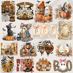 Op de afbeelding: Een verzameling Halloween-thema graphics met pompoenen, geesten, vleermuizen en herfstbloemen. Ontwerpen bevatten tekst zoals "Boo Crew", "Goose Bumps" en "Stay Creepy". Het kleurenpalet wordt gedomineerd door oranje, zwart en bruin.