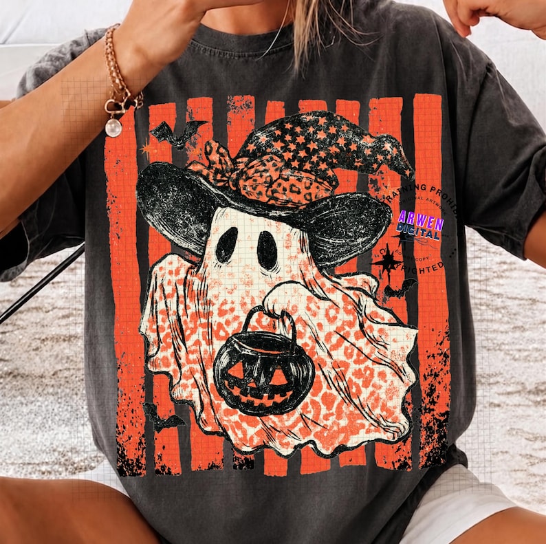Coquette Leopard Ghost PNG Cute Striped Halloween Ghost Sublimation Design Preppy Spooky Season Shirt PNG Trendy Fall Instant Download image 1