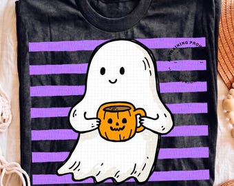 Cute Halloween Ghost Coffee Png, Cute Striped Halloween Coffee Lover Shirt PNG DTF Print Ready Design