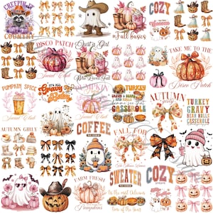 May include: A collection of fall-themed digital designs featuring pumpkins, ghosts, bows, and text. Designs include phrases like "Pumpkin Spice," "Autumn Girly," and "Sweater Weather." The color palette includes orange, pink, and brown.
