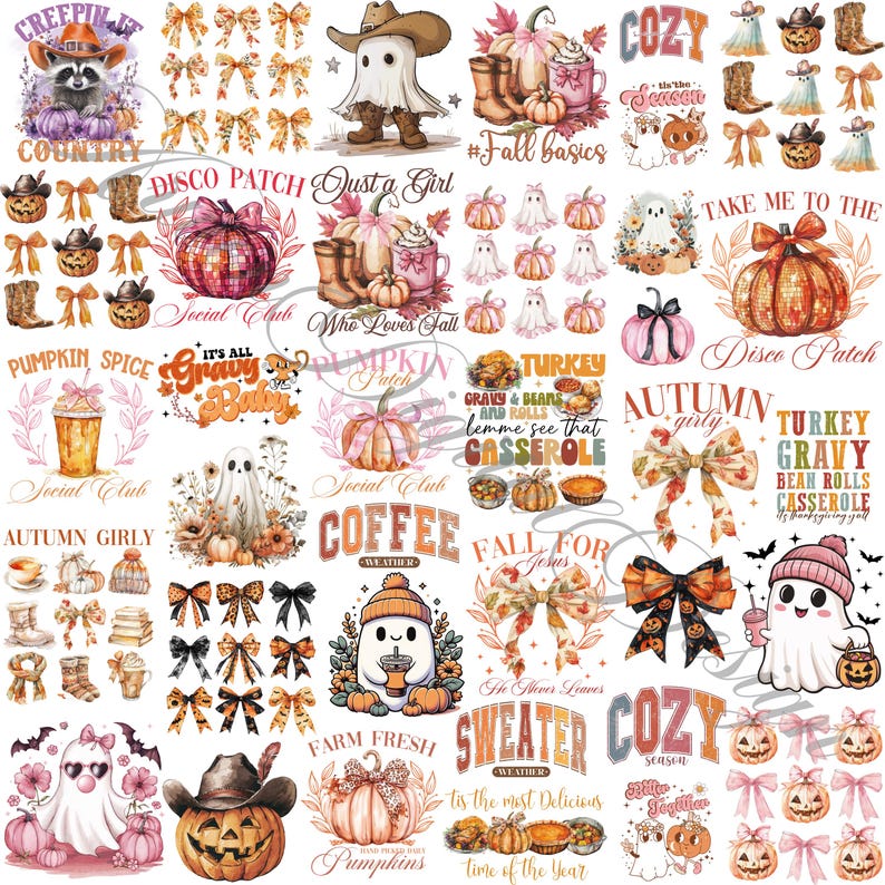 May include: A collection of fall-themed digital designs featuring pumpkins, ghosts, bows, and text. Designs include phrases like "Pumpkin Spice," "Autumn Girly," and "Sweater Weather." The color palette includes orange, pink, and brown.