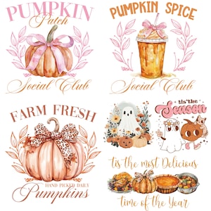 May include: A collection of watercolor illustrations with a fall theme. Designs include pumpkins with bows, a pumpkin spice drink, a ghost, and various fall foods. Text includes "Pumpkin Patch", "Pumpkin Spice", "Farm Fresh", and "Tis the Season".