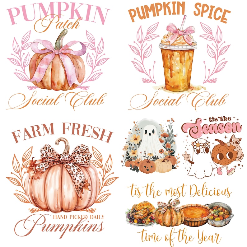 May include: A collection of watercolor illustrations with a fall theme. Designs include pumpkins with bows, a pumpkin spice drink, a ghost, and various fall foods. Text includes "Pumpkin Patch", "Pumpkin Spice", "Farm Fresh", and "Tis the Season".