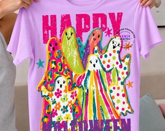 Happy Halloween Ghost PNG, Kids Ghosts Shirt, Colorful Spooky Season Sublimation, Leopard Preppy girly ghost Png, halloween Png