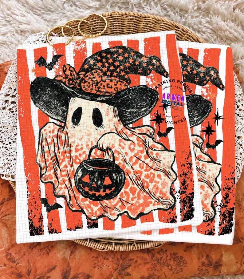 May include: A square print featuring a ghost wearing a black witch hat with a leopard print bow, holding a black jack-o'-lantern bucket. The background has vertical orange and white stripes with black bats and stars. Text reads ARWEN DIGITAL.