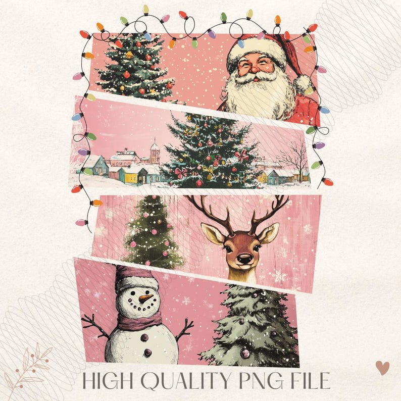 May include: A festive Christmas-themed digital art print featuring Santa Claus, decorated Christmas trees, a reindeer, and a snowman. The design includes string lights and a pink background with the text "HIGH QUALITY PNG FILE".
