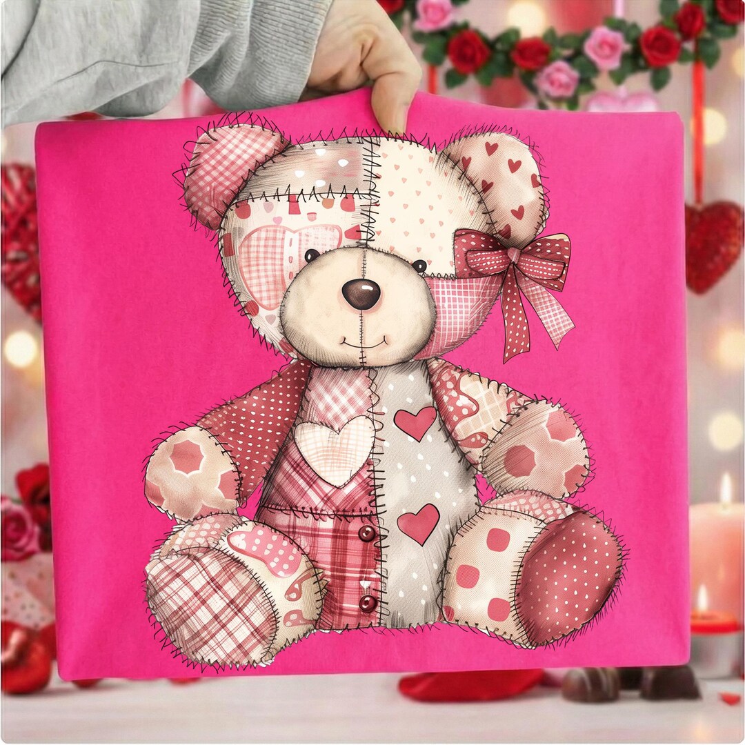 Patchwork Teddy Bear PNG, Valentine Hugs and Kisses PNG, Quilted Love ...