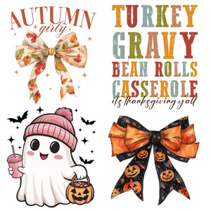 May include: A collection of fall-themed graphics. Includes a bow with autumn leaves, a ghost character with a pink hat, a pumpkin basket, and a bow with jack-o'-lanterns. Text includes "Autumn Girly" and Thanksgiving-related phrases.