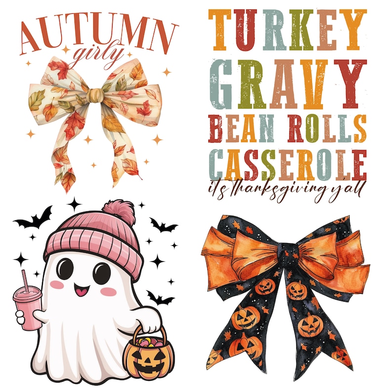 May include: A collection of fall-themed graphics. Includes a bow with autumn leaves, a ghost character with a pink hat, a pumpkin basket, and a bow with jack-o'-lanterns. Text includes "Autumn Girly" and Thanksgiving-related phrases.