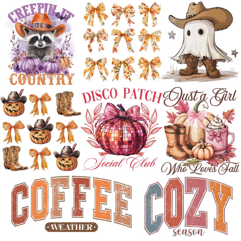 May include: A collection of fall-themed digital designs. Includes a raccoon in a cowboy hat, a ghost in cowboy boots, pumpkins, bows, and text that reads "Creepin' It Country", "Disco Patch Social Club", "Just a Girl Who Loves Fall", "Coffee Weather", and "Cozy Season".