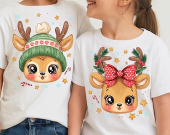 Kids Reindeer Christmas PNG: Matching Boy and Girl Holiday Deer Sublimation Design