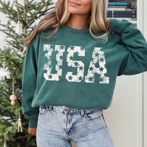 K&ouml;nnte beinhalten: Ein tealgr&uuml;ner Pullover mit einem wei&szlig;en, abgenutzten Aufdruck des Wortes "USA", das aus Sternen besteht.