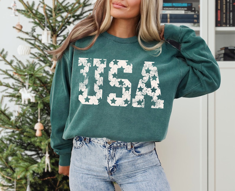 K&ouml;nnte beinhalten: Ein tealgr&uuml;ner Pullover mit einem wei&szlig;en, abgenutzten Aufdruck des Wortes "USA", das aus Sternen besteht.