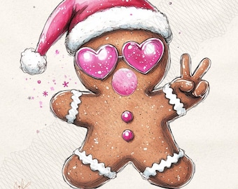 Retro Gingerbread Pink Christmas blowing bubble png Christmas Sublimation Digital Design Download,Vintage Christmas Png Santa Sunglasses