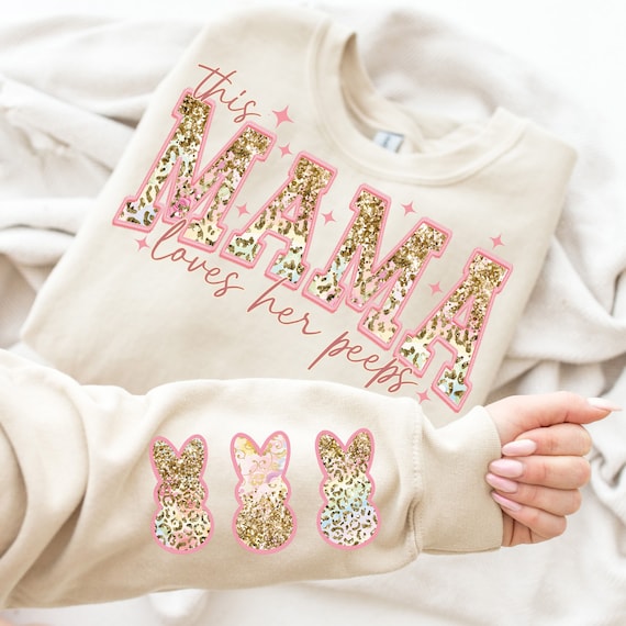 This MAMA Loves Her Peeps PNG, Mama Easter Shirt Design, Embriodery Easter Day PNG File, Mama Easter, Leopard Glitter, Retro Easter Png