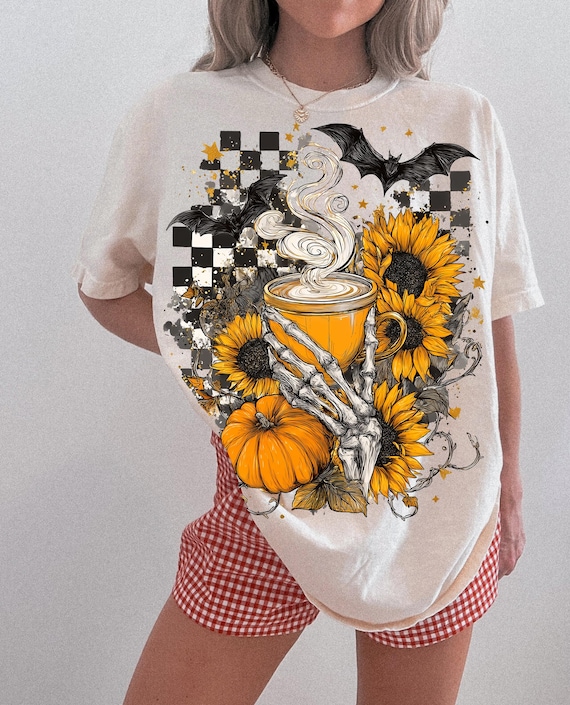 Skeleton Coffee PNG Fall Halloween Clipart, Pumpkin Spice Latte Sublimation, Spooky Sunflowers Grunge Checkered Mug PNG Digital