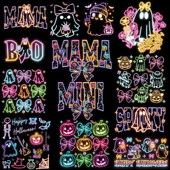 Neon Halloween PNG Bundle, Neon Spooky Png, Mama Mini Png, Coquette Halloween Neon Png, Spooky Mama Png, Floral Ghost Png, Spooky Season Png