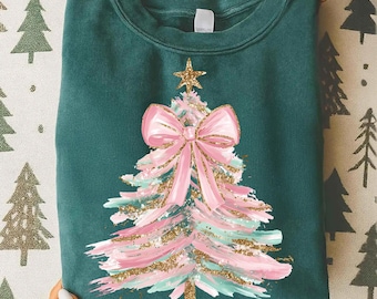 Colorful Christmas Tree PNG Hand drawn doodle Png Brush strokes Coquette Pink Bow Faux glitter Gold Festive Ornament Art Holiday Projects