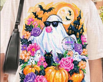 Halloween Ghost PNG Viral Fall PNG Girly Spooky Tee Retro Shirt Design Brushstroke Halloween Sublimation Design, Girly Haunted House Floral