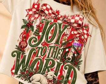 Joy To The World Trendy Striped Christmas PNG, Nativity Coquette Christmas Sublimation Design, Holiday Shirt Preppy PNG ORIGINAL Do Not Copy
