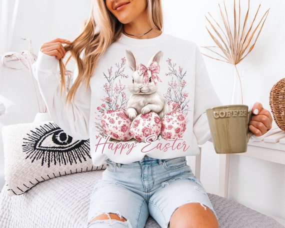 Happy Easter PNG, Grand Millennial Easter Png, Blue Floral Chinoiserie Bunny Png, Pink Toile Easter Rabbit Png, Girls, Easter Coquette Png