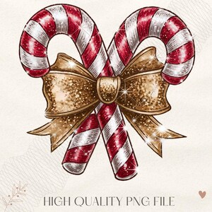 Puede incluir: Dos bastones de caramelo cruzados con rayas rojas y blancas, adornados con un lazo dorado con purpurina. La imagen tiene un estilo vintage, dibujado a mano, con el texto "HIGH QUALITY PNG FILE" en la parte inferior.